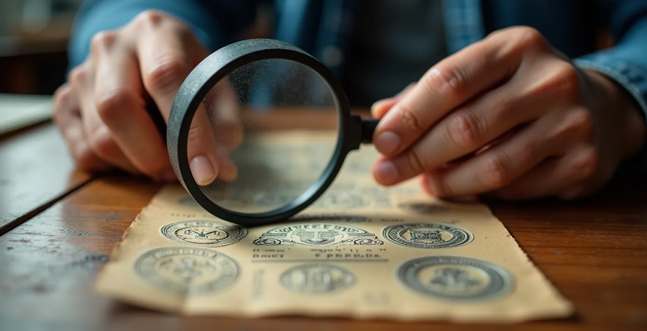 Mains examinant des documents de certification avec loupe